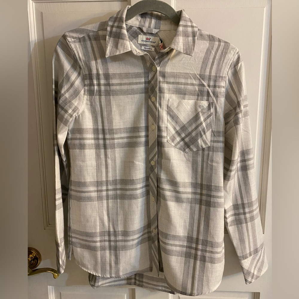 NWT Vineyard Vines woven ice plaid flannel button down color: Frost size 00